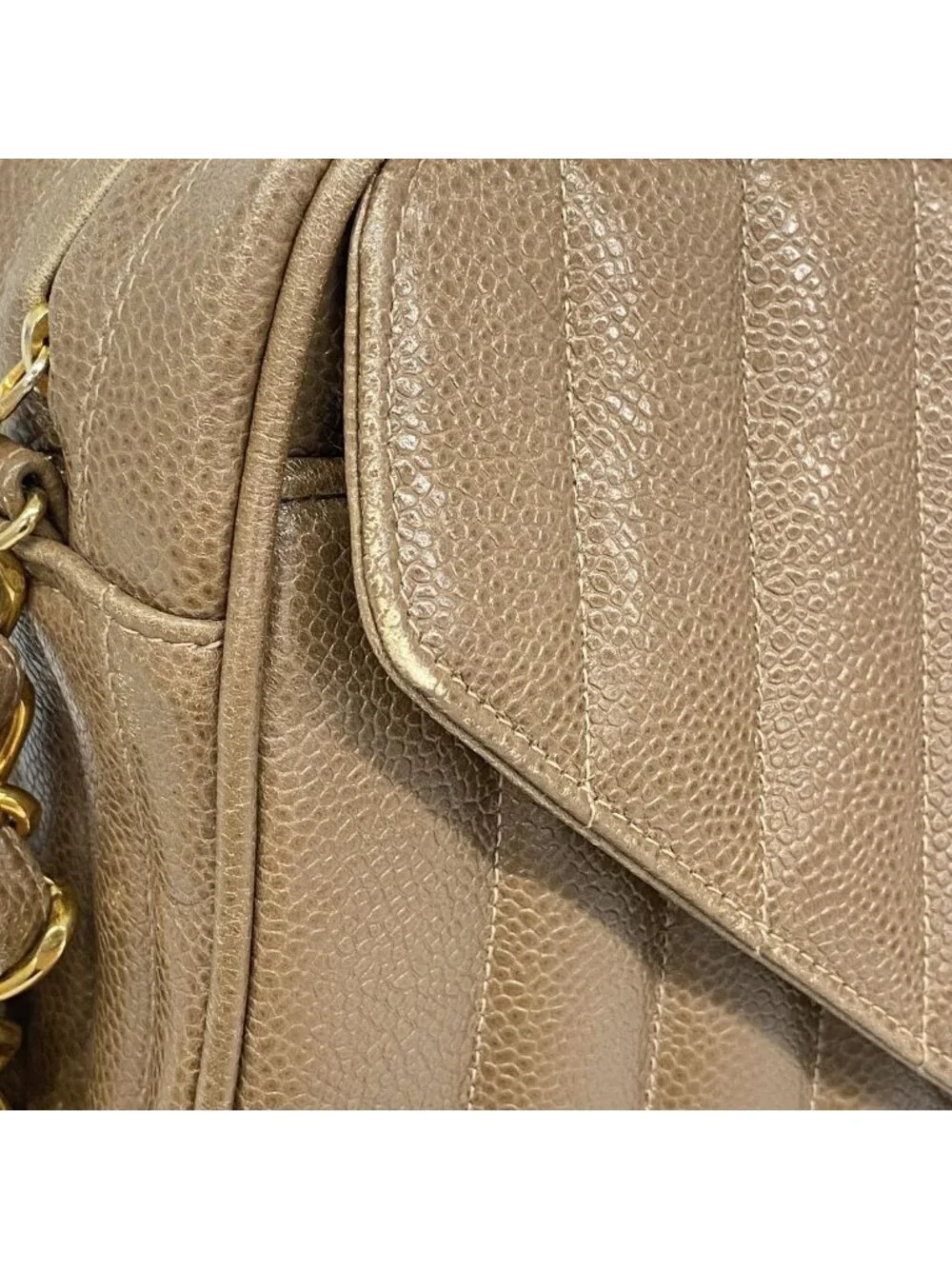 Chanel Shoulder Bag Mademoiselle Jumbo CC Logo Caviar Leather Light Brown Gold